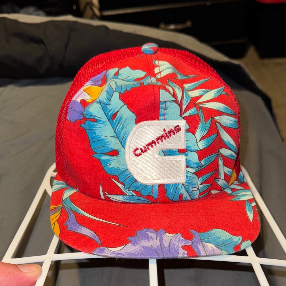 Red Tropical Print Mesh Trucker Hat